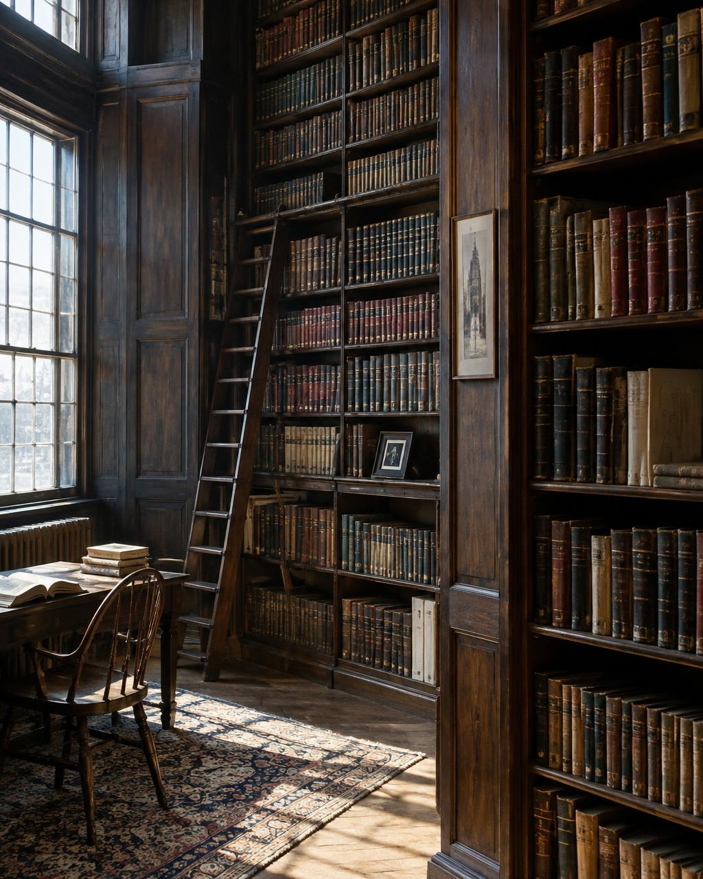 A tall wooden library filled with old hardcover books